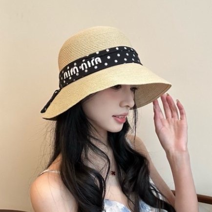 新款甜酷字母波点丝带草帽女夏季渔夫帽子显脸小百搭盆帽春夏百搭