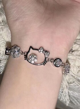 「甜酷猫咪」甜美少女猫头闪钻花朵水钻简约个性可爱手链女