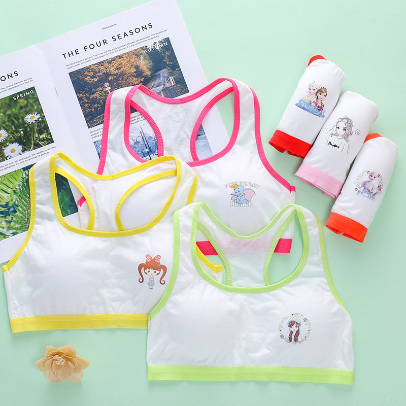 现货外跑量无钢圈运动文胸含海绵工字背抹胸发育期卡通内衣