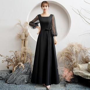 晚礼服裙女2025新款气质长袖主持人优雅贵显瘦黑色高级感连衣裙