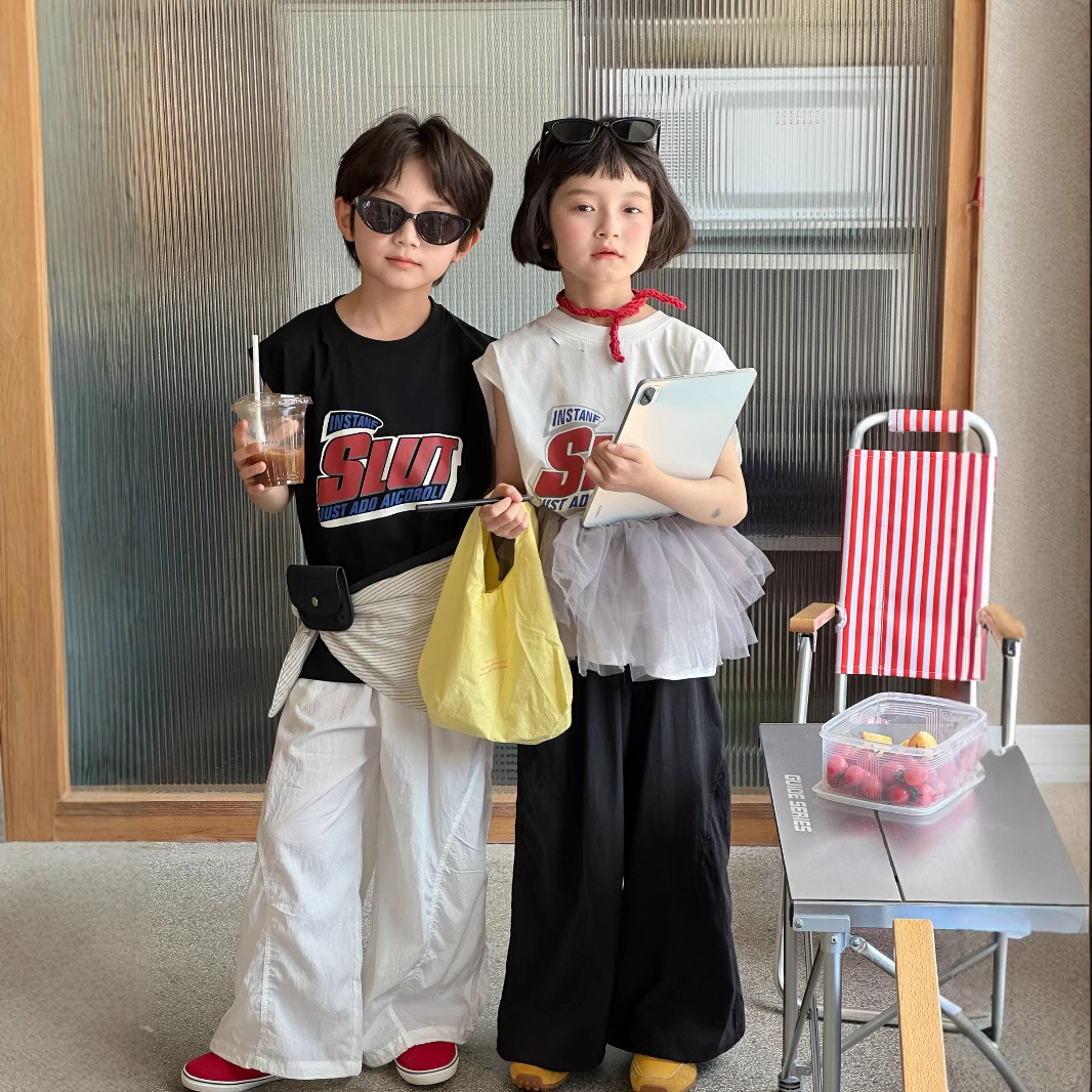 2025夏季新款韩版儿童时尚字母无袖上衣女童百搭宽松慵懒风背心新
