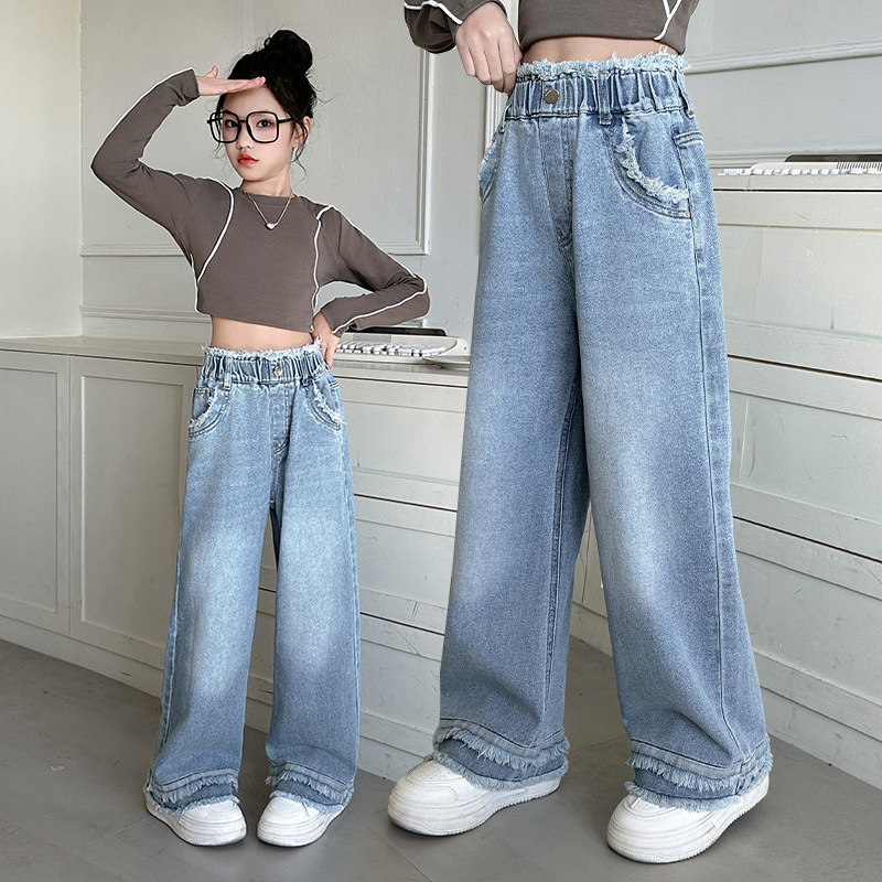女童毛边牛仔裤2025新款韩版中大童宽松时髦直筒休闲拖地裤长裤潮，童装裤子，祺儿童装