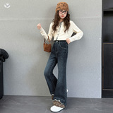 女童2025年冬季新款裤脚拼咖色格子蝴蝶结刺绣牛仔裤女大童喇叭裤，童装裤子，祺儿童装