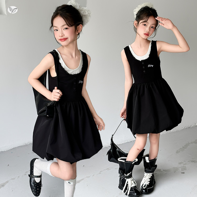 女童无袖连衣裙夏装2025新款背心裙花苞裙蓬蓬裙儿童吊带裙公主裙，童装连衣裙，祺儿童装