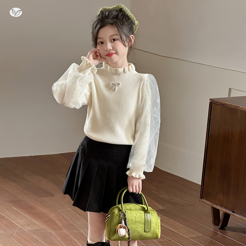 女童2025年春秋新款公主网纱蝴蝶结毛衣女大童灯笼袖木耳边毛毛衣，童装毛衣，祺儿童装