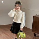 女童2025年春秋新款公主网纱蝴蝶结毛衣女大童灯笼袖木耳边毛毛衣，童装毛衣，祺儿童装