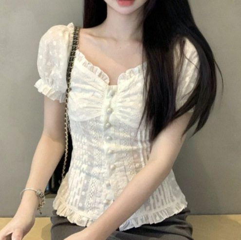 韩版百搭镂空蕾丝花边修身显瘦小飞袖T恤纯欲风辣妹性感小众上衣