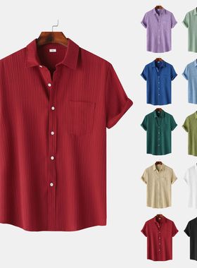 夏季男士纯色翻领短袖衬衫男上衣