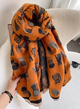 韩版卡通小猫咪围巾女秋冬季时尚百搭保暖仿羊绒围巾可爱学生围脖