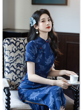 艾旗绣蓝色复古新中式改良提花旗袍女2026夏季新款日常可穿老上海