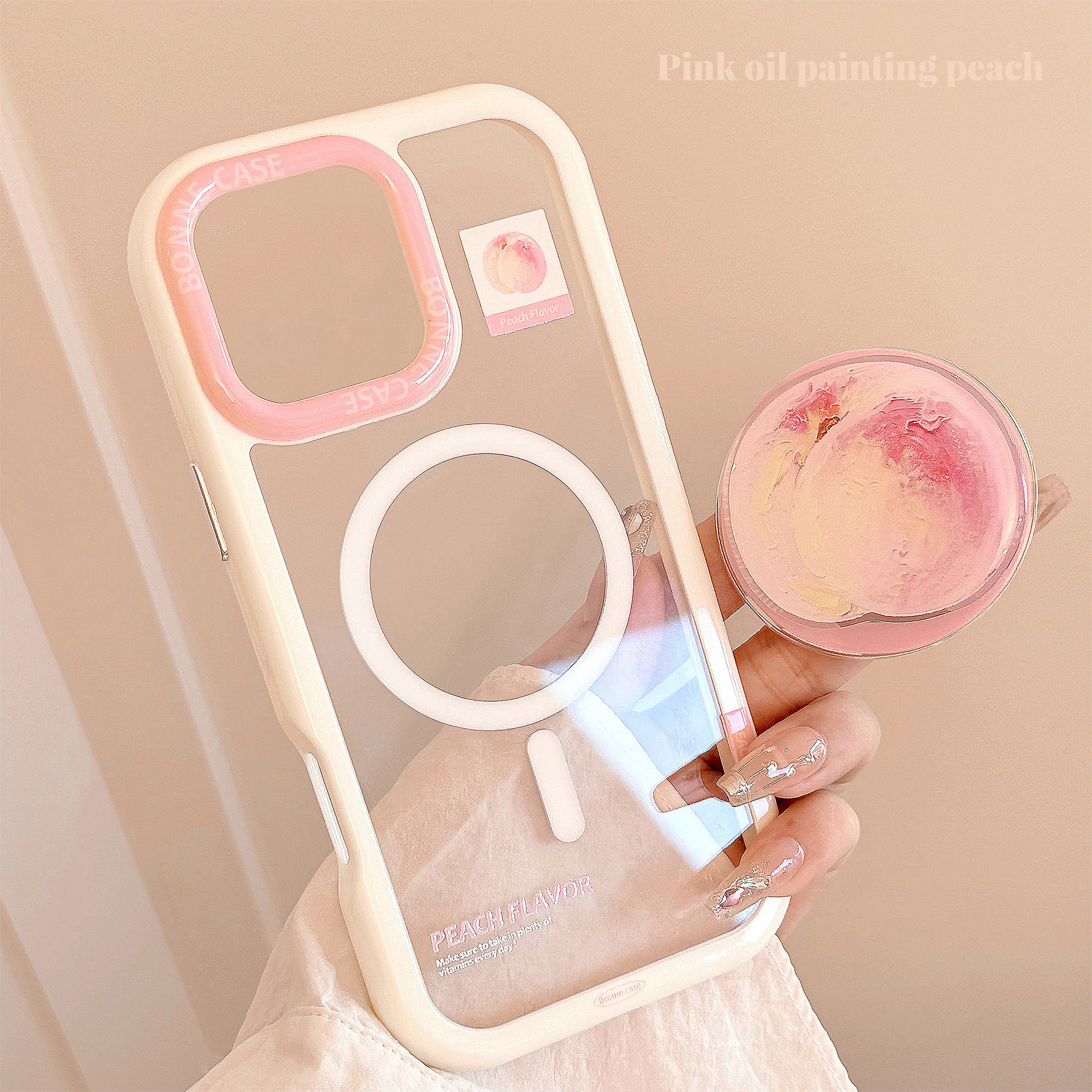 油画桃子磁吸支架16适用iPhone15ProMax苹果14手机壳13硬11亚克力