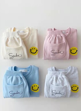 BBABBA韩版春秋卡通套装宝宝棉笑脸卫衣男女童潮流休闲运动套装