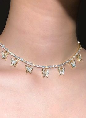 欧美时尚热卖个性几何层立体水钻嘻哈项饰镶钻小蝴蝶流苏项链女