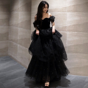 黑色晚禮服裙輕奢小眾法式 蓬蓬裙主持人女春藝考畢業(yè)成人禮跨境感