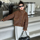 女童皮毛一体加厚外套2025秋冬新款韩系短款夹克衫中大童拼接皮衣，童装夹克，祺儿童装