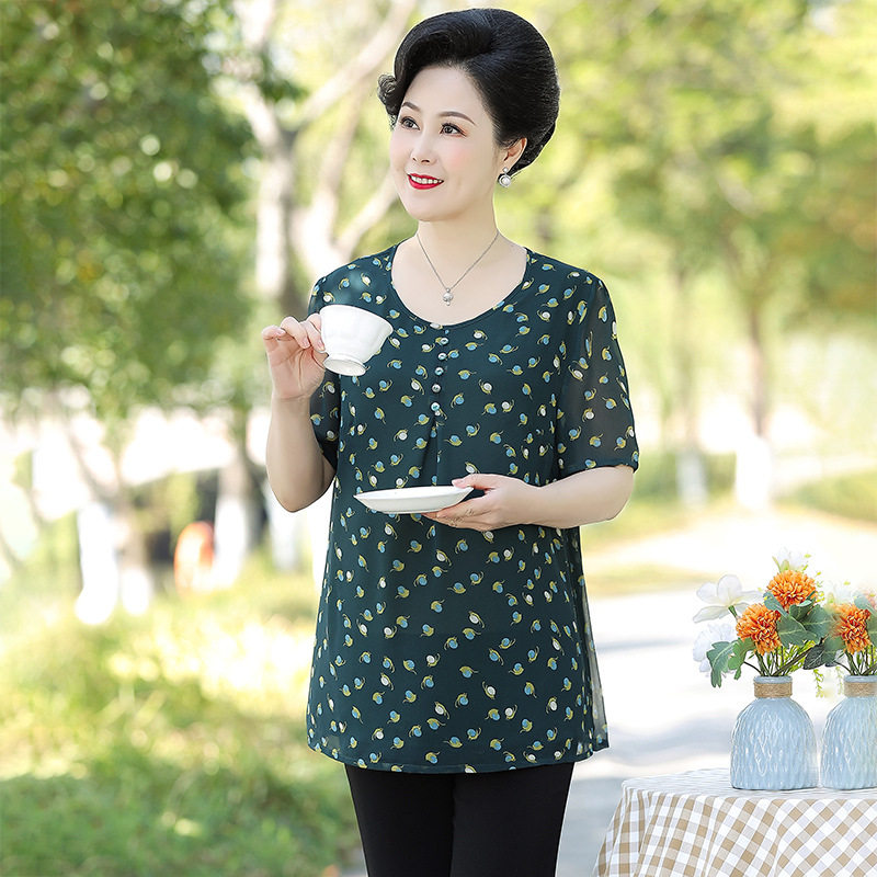 加肥加大码中老年女装圆领T恤上衣200斤超肥胖妈妈夏装短袖雪纺衫
