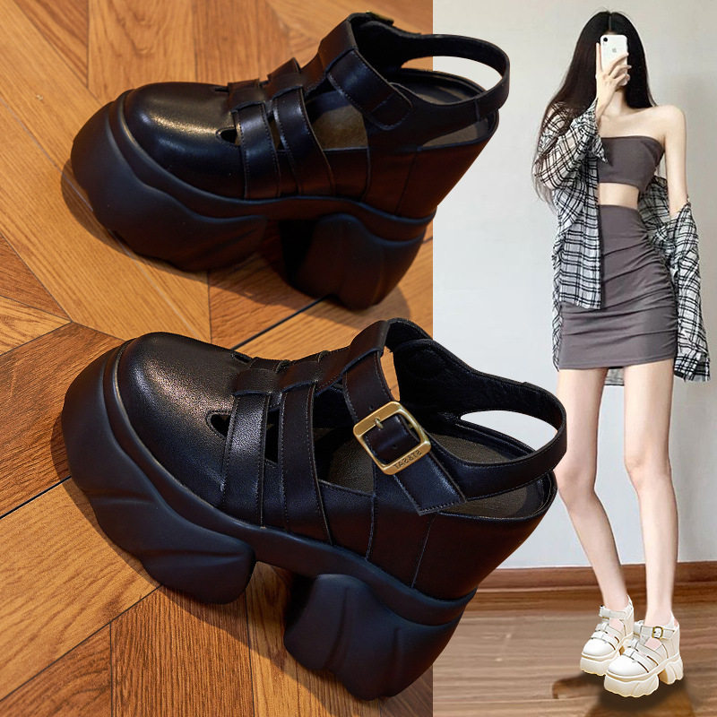 包头真皮罗马凉鞋女2026夏季新款内增高15cm松糕镂空小个子猪笼鞋