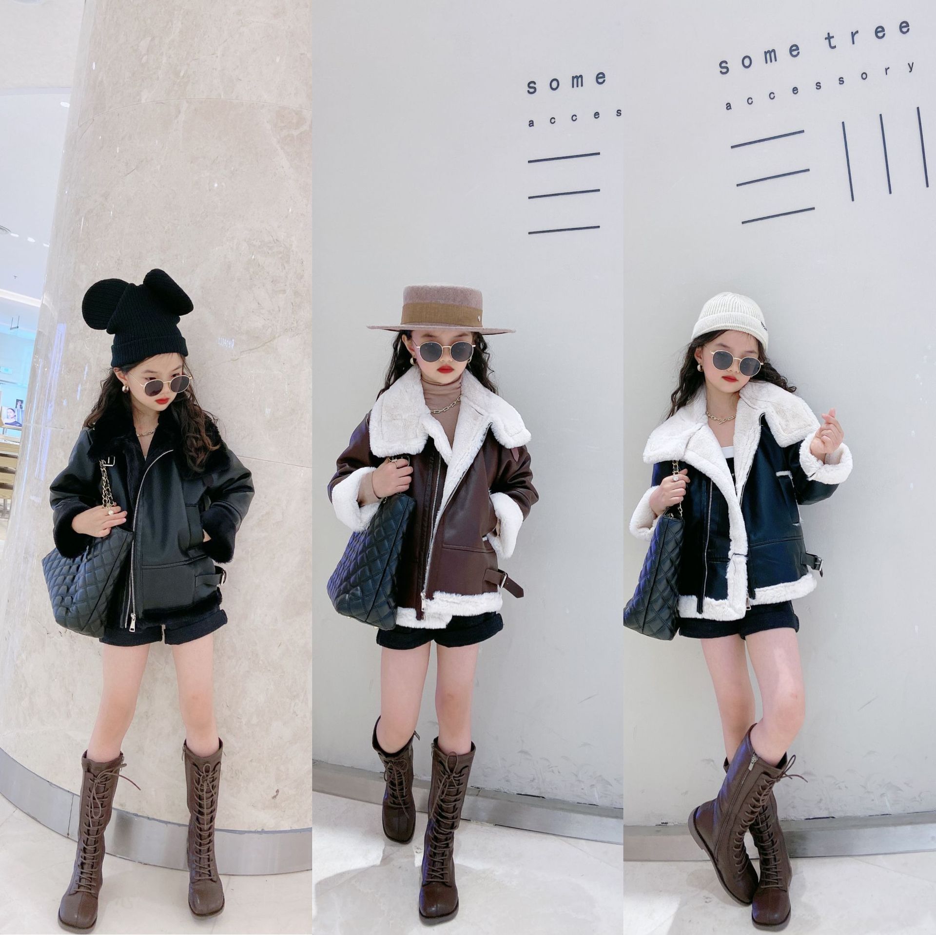 女童皮毛一体冬款韩版机车服百搭儿童皮毛一体加厚保暖外套发
