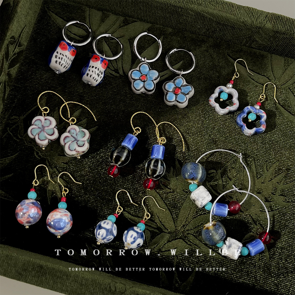 超多款民族风青花瓷系列耳环女小众设计师款复古新中式耳钉耳饰