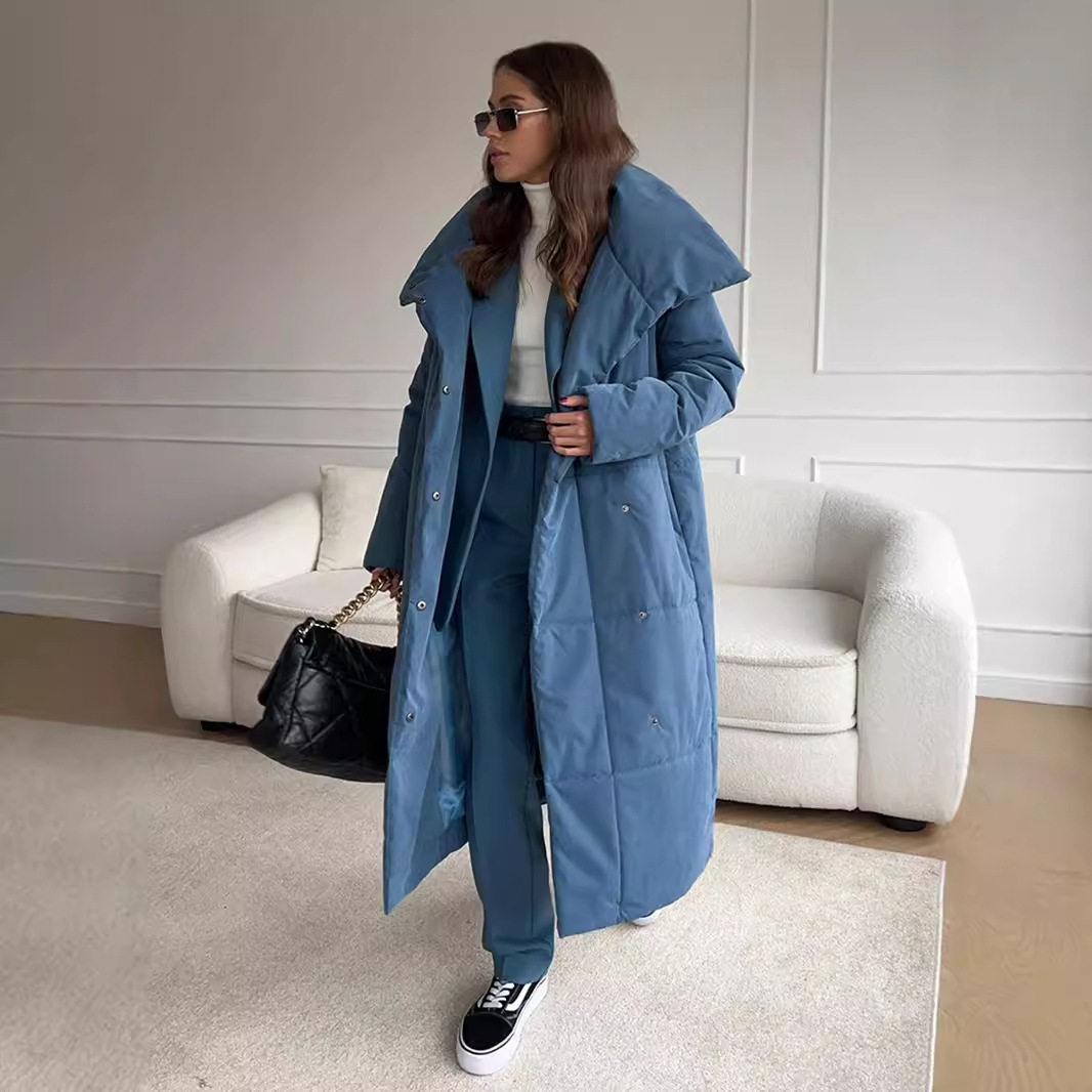 秋冬长款棉服女装跨境欧美宽松休闲保暖棉袄外贸过膝立领外套coat