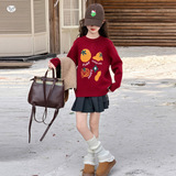 女童红色毛衣加厚2025年秋冬新款卡通针织套头衫中大童新年打底衫，童装毛衣，祺儿童装