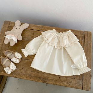 2026春装女纯棉打底衫女童甜美百搭大花边领长袖上衣73-130码