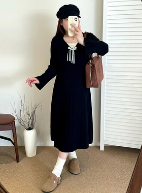 乃粒23361大码女装蝴蝶结假两件连衣裙女毛衣裙2025冬胖mm针织裙