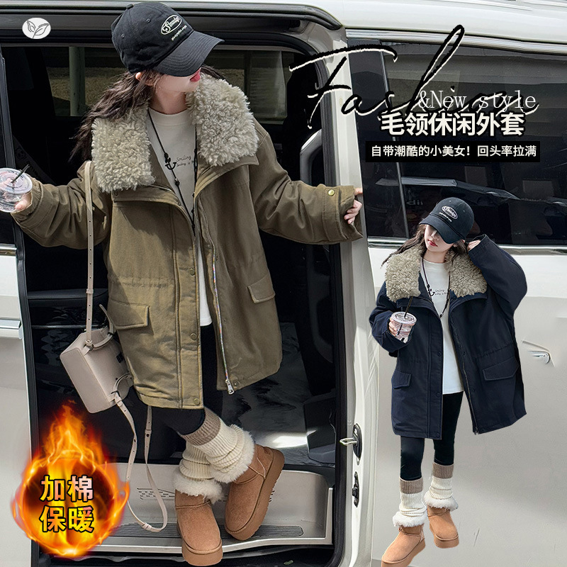 女童加绒派克服2025年冬季新款中大童大毛领夹克衫中长款外套加厚，童装风衣，祺儿童装