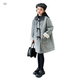 女童呢子大衣2025秋冬新款中大童韩系娃娃领蝴蝶结风衣中长款外套，童装外套，祺儿童装