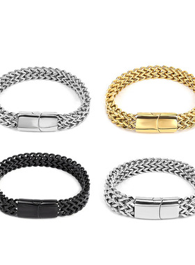 磁吸扣网格编织双排正反钛钢古巴手链个性百搭嘻哈霸气潮男士饰品
