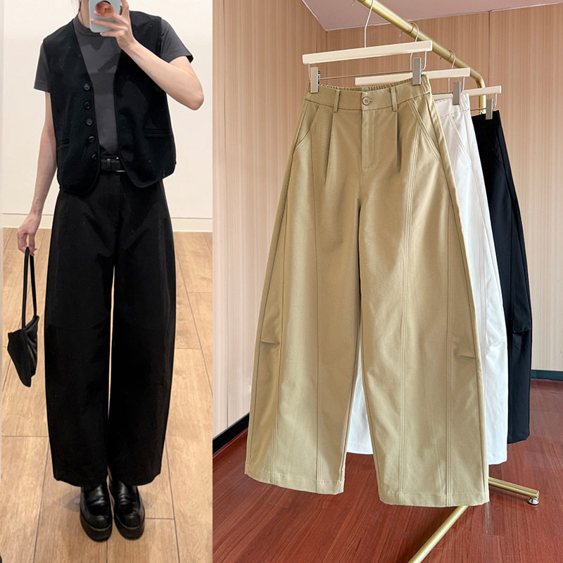 女款春季弯刀裤新款腰宽松直筒显瘦窄版卡其色抗皱休闲西装裤正品
