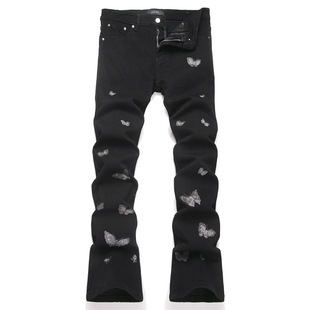 时尚时尚微喇叭牛仔裤黑色刺绣蝴蝶外贸朋克潮流休闲长裤中腰微弹