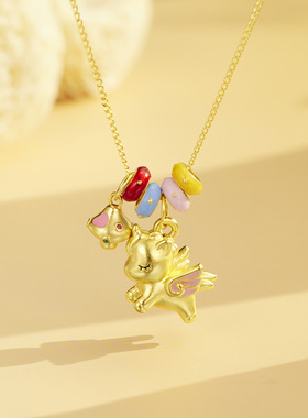 夏日多巴胺小飞马项链S925纯银镀黄金色珐琅甜甜圈DIY独角兽轻奢