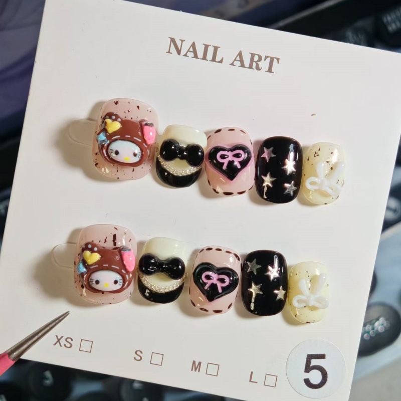 手工美甲手绘法式帽子KT爆闪猫眼美甲甜酷级显白美甲贴穿戴甲短款