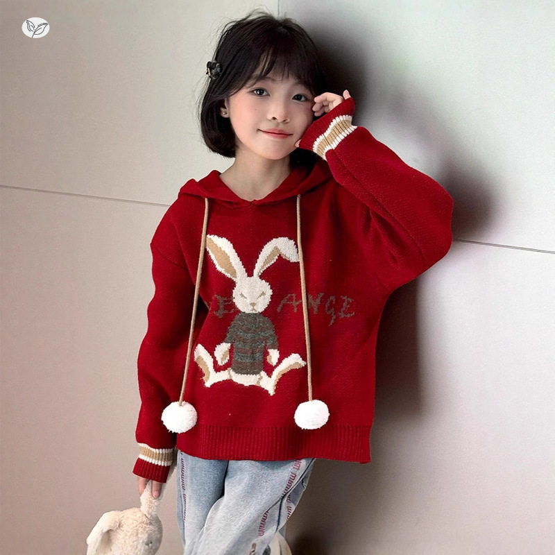 女童卡通连帽毛衣秋冬新款洋气中大童套头针织衫新年货洋气毛线衣，童装毛衣，祺儿童装