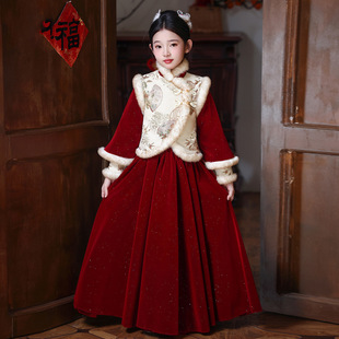 女童新中式汉服冬装红色过年儿童国风冬季加厚套装新年旗袍拜年服
