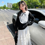 女童加厚毛衣2025年秋冬新款韩系蕾丝花边领针织衫中大儿童打底衫，童装毛衣，祺儿童装