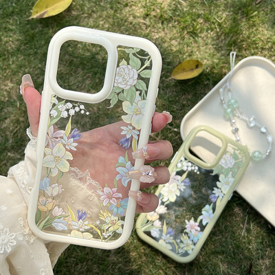 小清新oil painting flowers chain clear case适用iphone 11 12 13 14 15 16 plus 17 pro max XR XS MAX