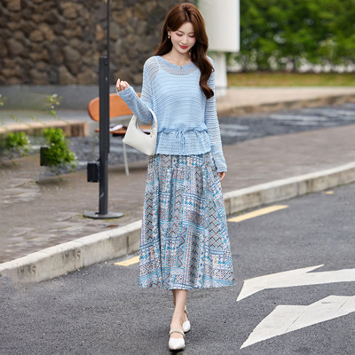 套装女夏2026时尚镂空圆领长袖针织衫+吊带衫+半裙三件套裙YF2713