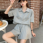 女夏季 新款 套装 休闲宽松衫 网红气质显瘦两件套潮黑色 小个子时尚
