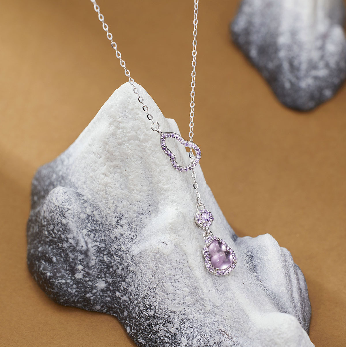 s925纯银首饰新款天然紫水晶福绿双葫芦项链女时尚轻奢百搭锁骨链
