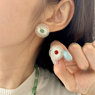 925银针新中式 太阳花耳环女小众设计民族风花朵红玛瑙耳钉耳饰