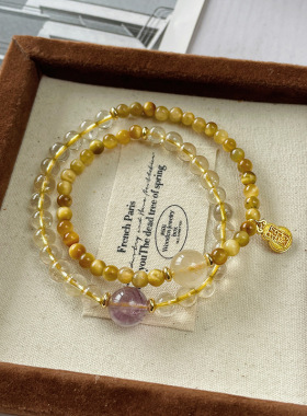 【多亿多福】天然金发晶串珠双圈手链女时尚级金虎眼紫水晶手串