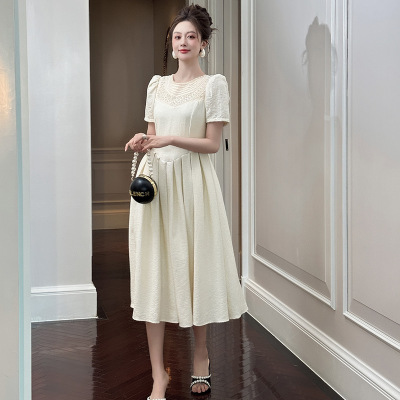 2025夏季新款女法式重工珍珠领收腰大摆遮肚显瘦短袖连衣裙80270