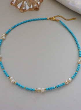 那边夏天。绿松石色天然淡水珍珠串珠项链夏女百搭轻奢精致锁骨链