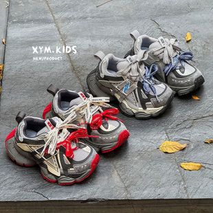 厚底男女童休闲鞋 N双系带网面老爹鞋 红灰蓝9 时尚 2026春儿童运动鞋