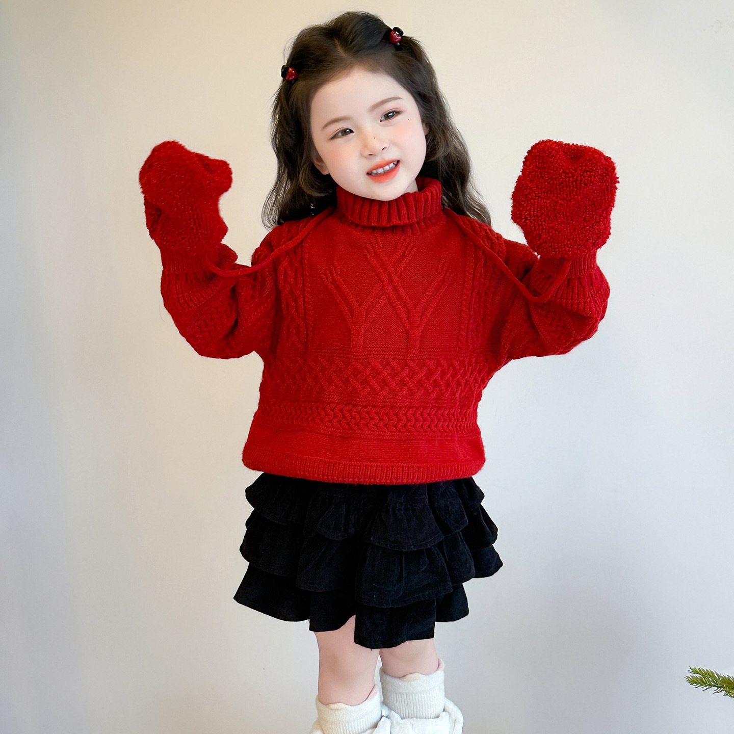 女童加厚毛衣冬季2025新款炸街儿童红色针织衫洋气冬装打底衫P74，童装毛衣，祺妙童装
