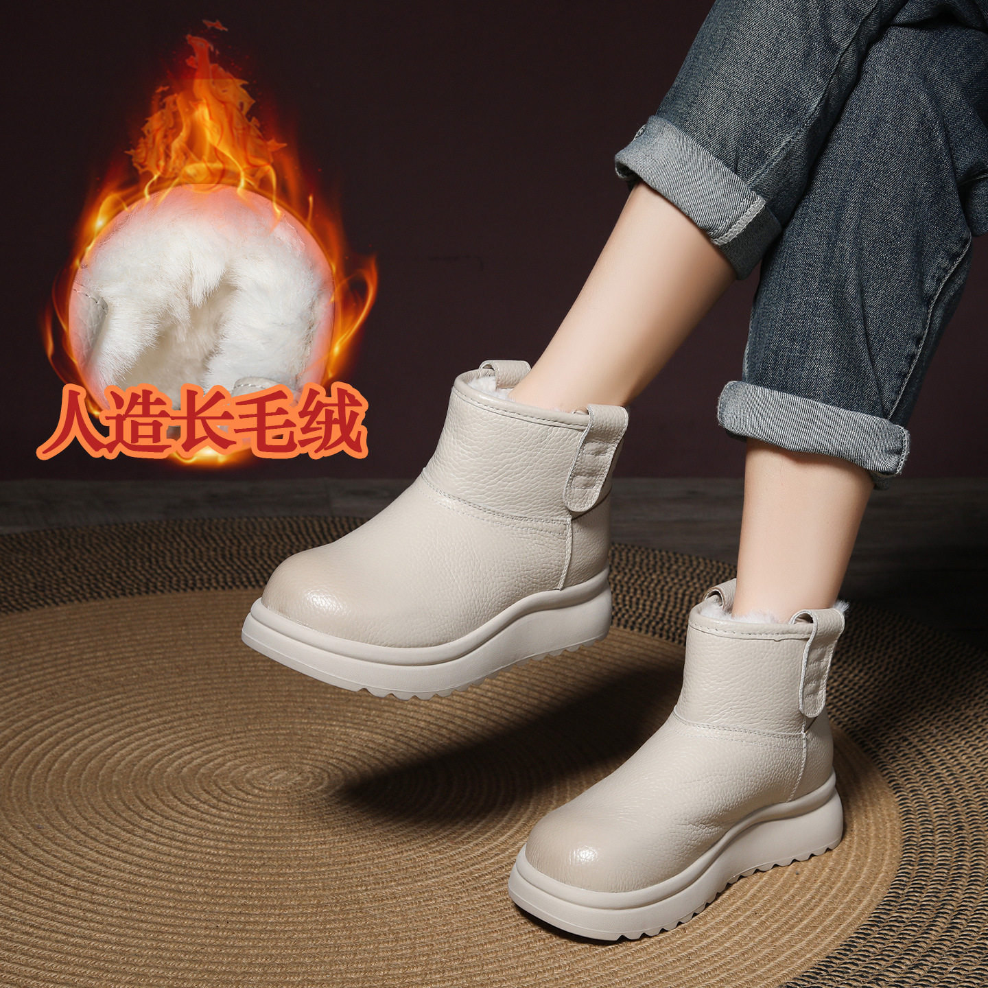 头层牛皮厚底松糕雪地靴女鞋新款加绒保暖棉鞋面包鞋真皮女士短靴