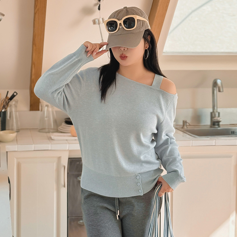 大码女装设计感露肩上衣女长袖打底衫2025春胖mm宽松针织衫纯色潮