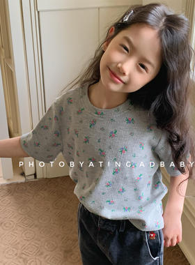 17th second女童韩版小碎花活性印花短袖T恤夏装圆领打底衫上衣